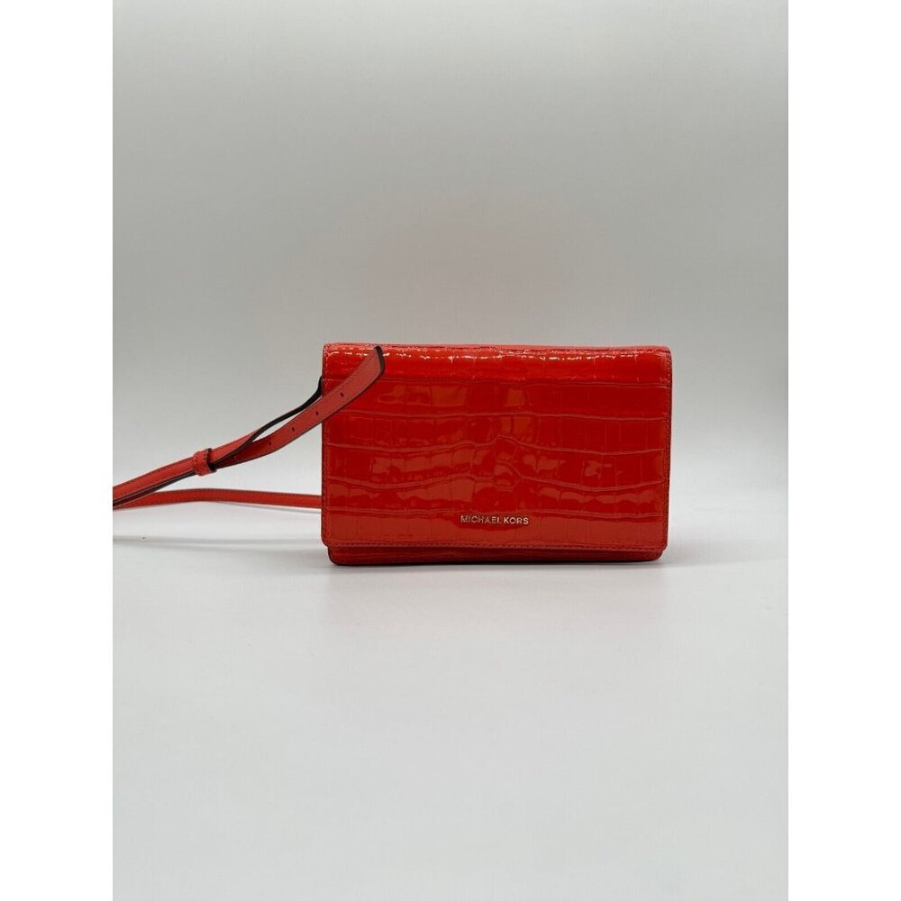 MICHAEL KORS Jet Set croc embossed leather flap small crossbody -Coral DEFECTIVE